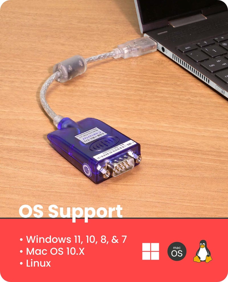 GearMo Windows 7/8/10/11 Compatible USB to RS232 Serial Adapter w/FTDI Chip, 12in. Cable, LED Indicators, Surge Protection, Plug & Play - Image 3